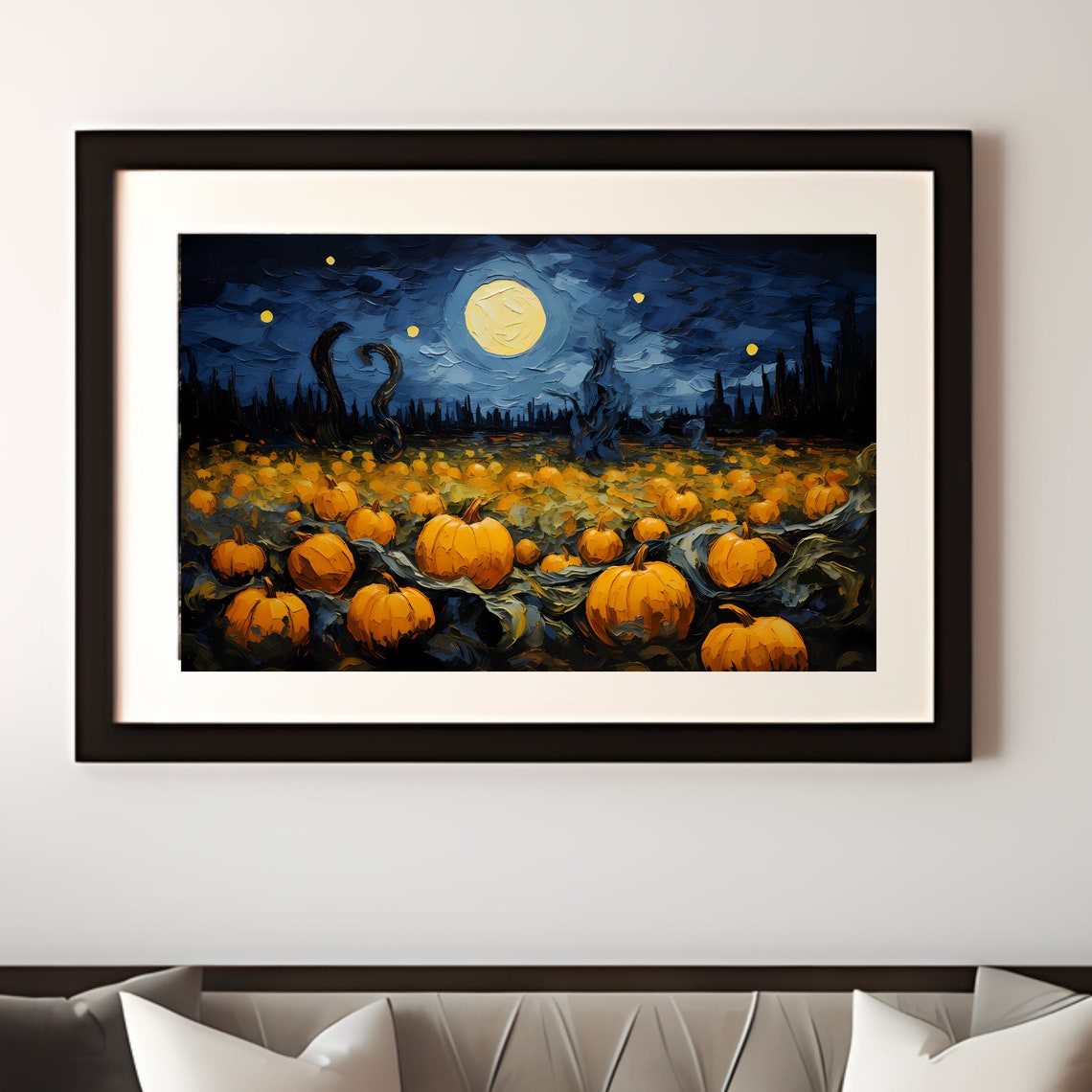 Starry Night Pumpkin Patch Full Moon Halloween Impasto Poster - Image 2