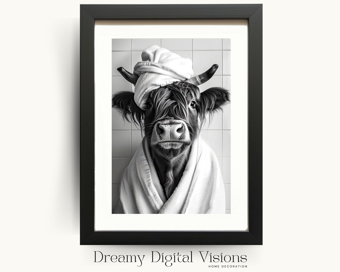 Highland Cow in Towel Turban and Bathrobe Funny Bathroom Poster