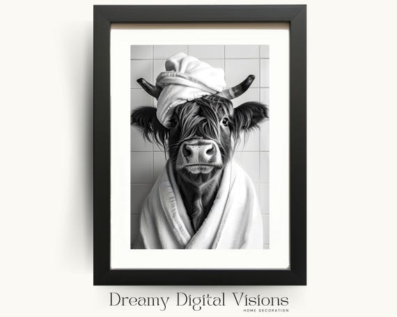 Highland Cow In A Turban Bathroom Print Funny Bathroom Decor Highland Cow Poster Cute Animal Print Bathroom Wall Art Highland Cow Gift