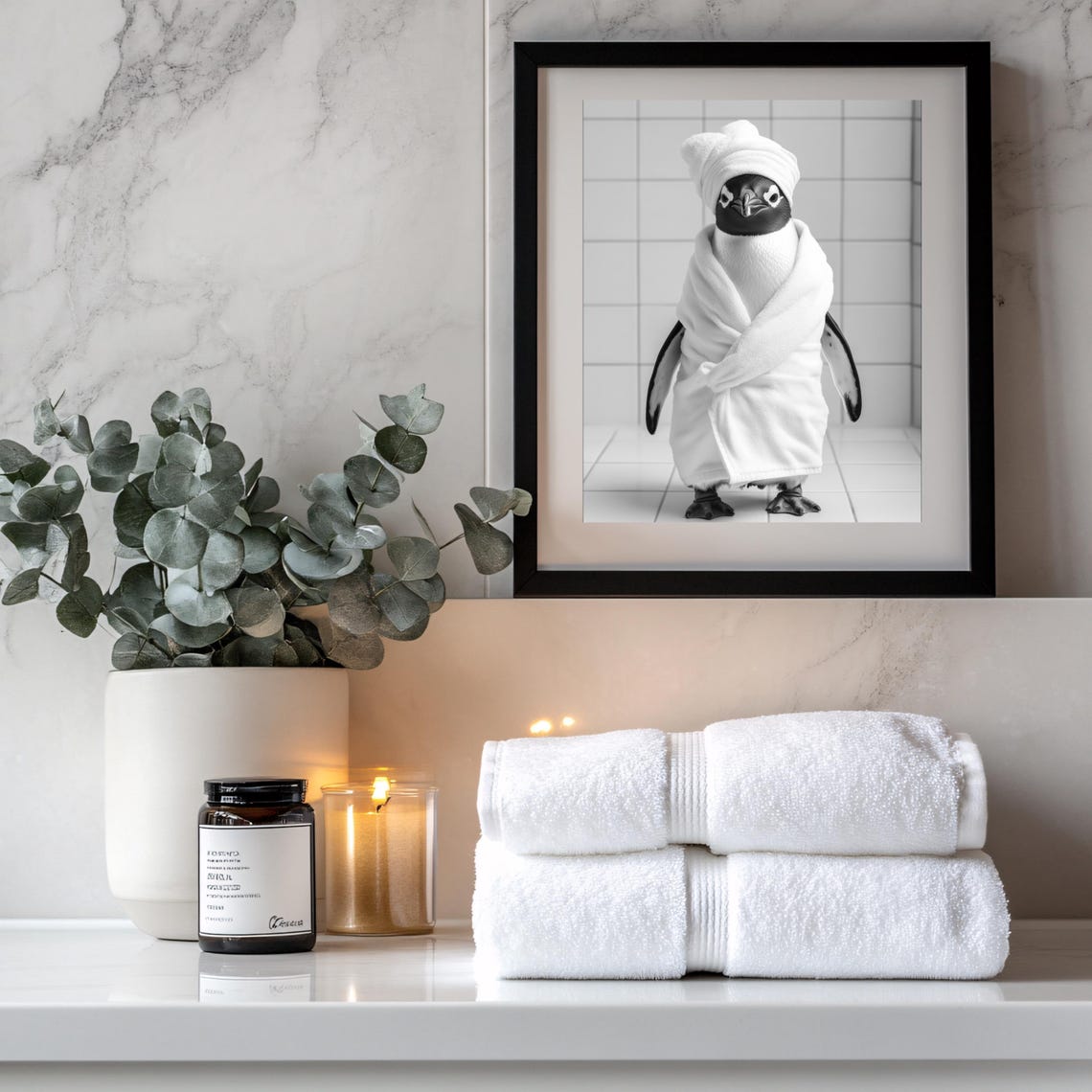 Funny Penguin in a Bathrobe and Towel Black and White Spa Poster - Image 3