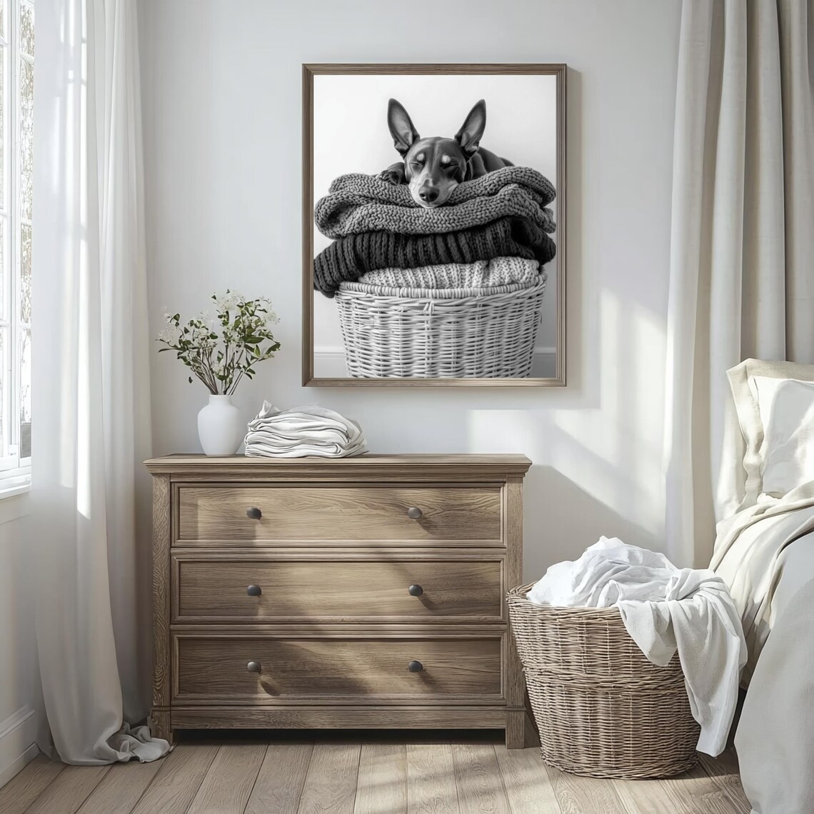 Sleeping Puppy on Knit Blankets in Wicker Basket Cozy Photo Poster - Image 3