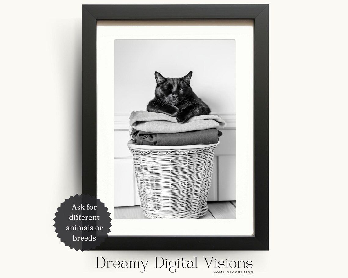 Black Cat Sleeping on Laundry Basket, Laundry Room Art Print