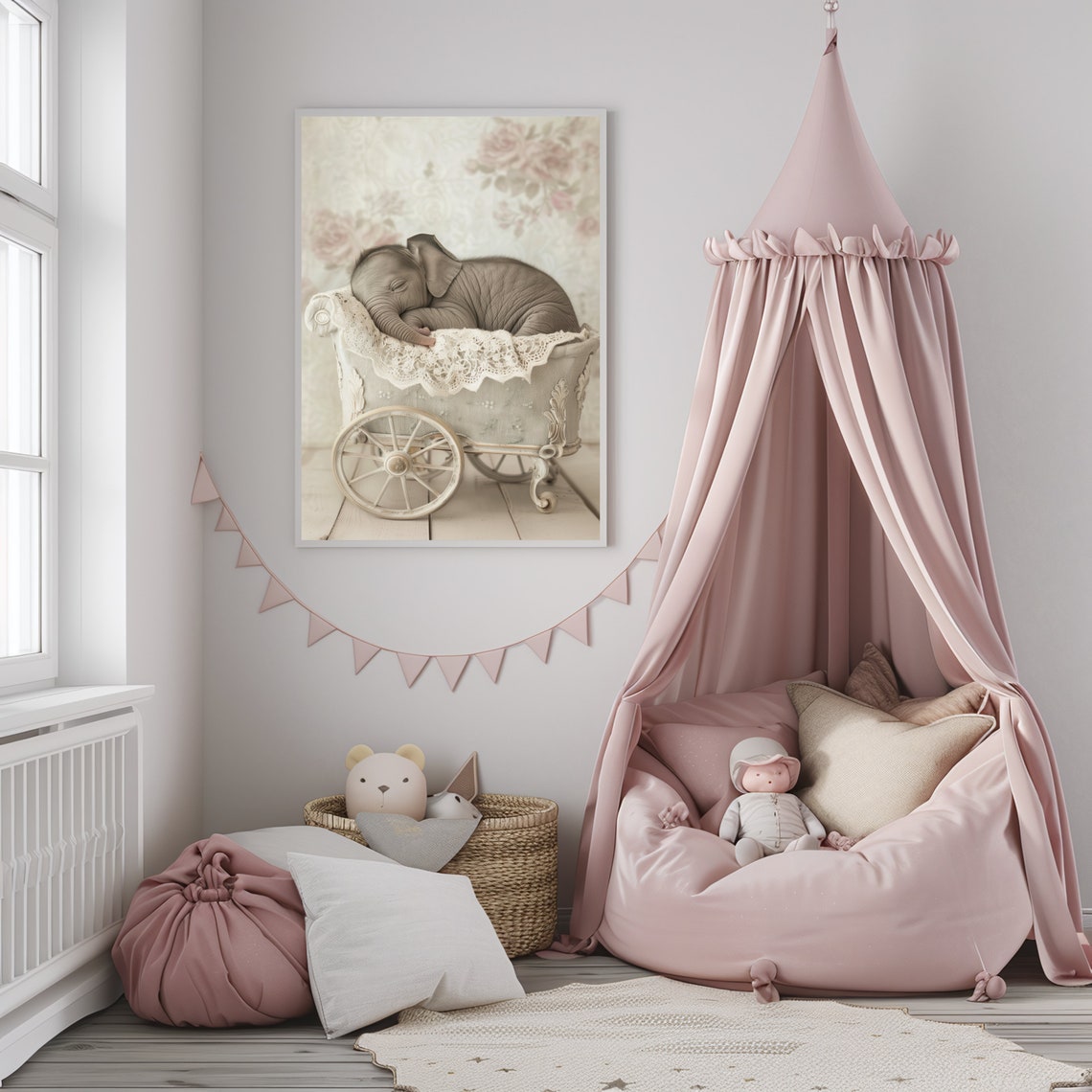 Baby Elephant Sleeping in White Lace Stroller Nursery Photo Poster - Image 3