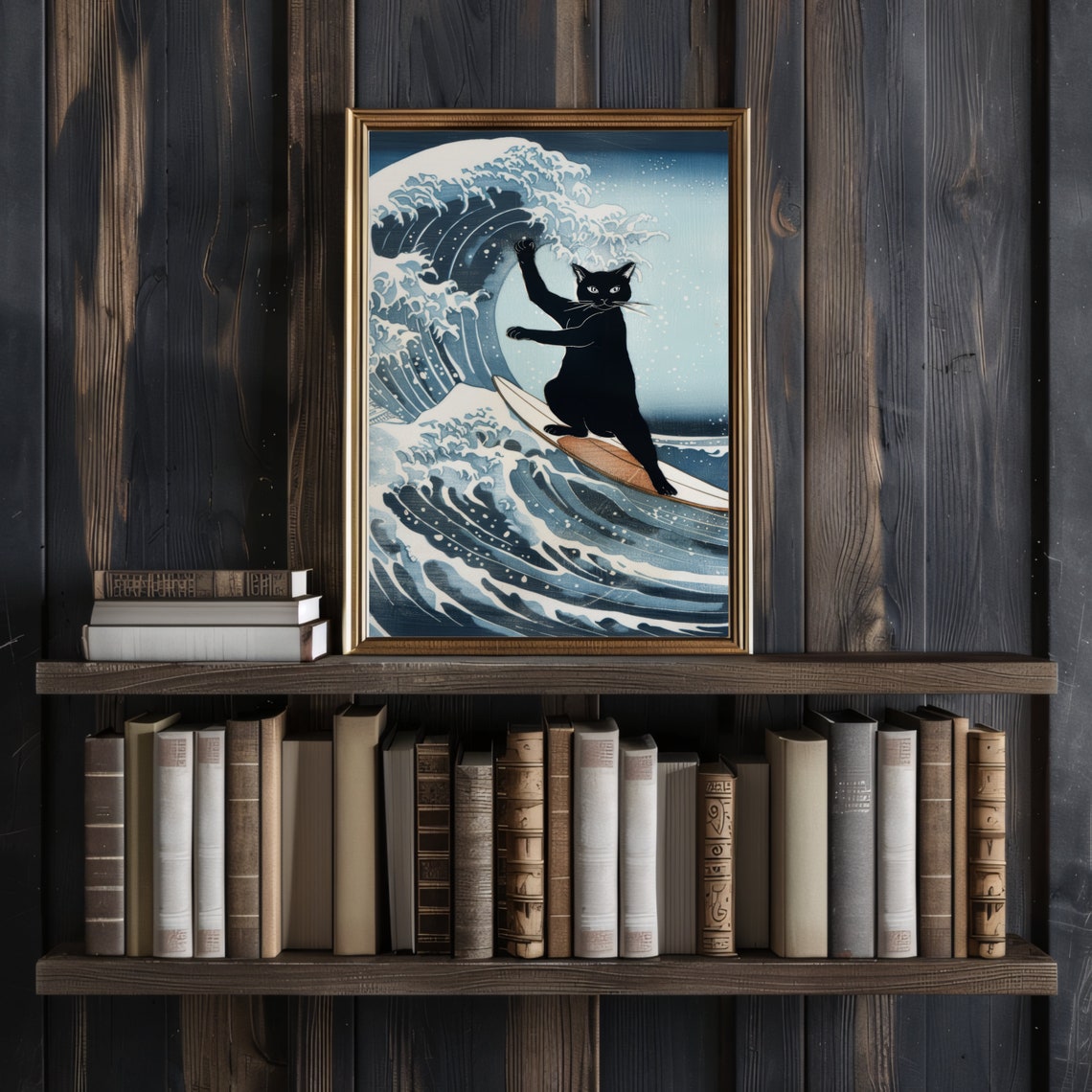 Black Cat Surfing the Great Wave Japanese Style Funny Cat Lover Poster - Image 3