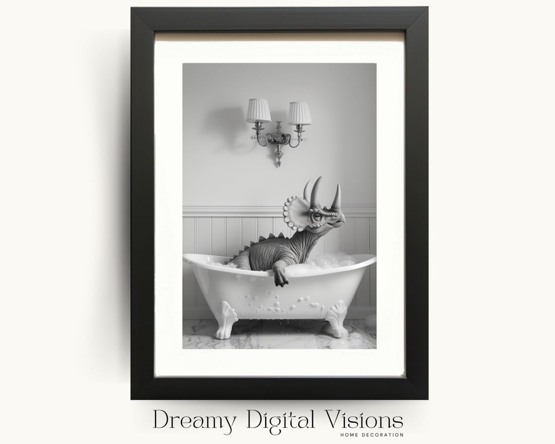 Triceratops Dinosaur Relaxing in Bubble Bath Funny Bathroom Poster