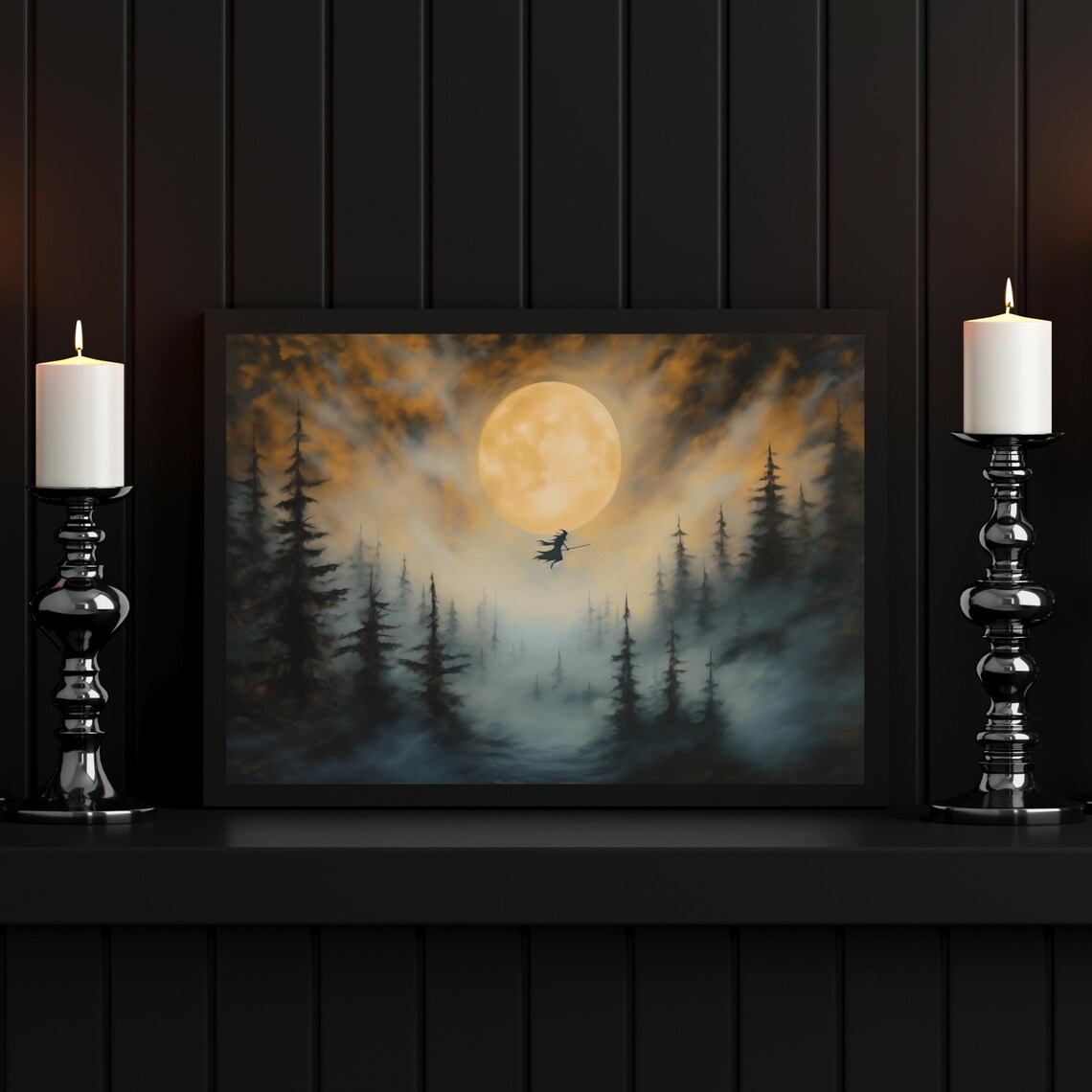 Witch Flying Across Full Moon, Vintage Halloween Art Print - Image 2
