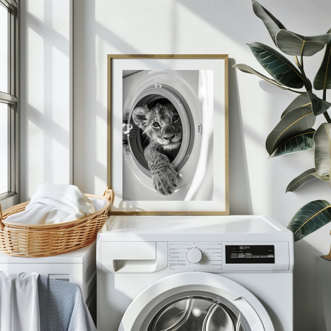 Lion Cub Peeking Out of Washing Machine Black and White Funny Laundry Poster - Image 2