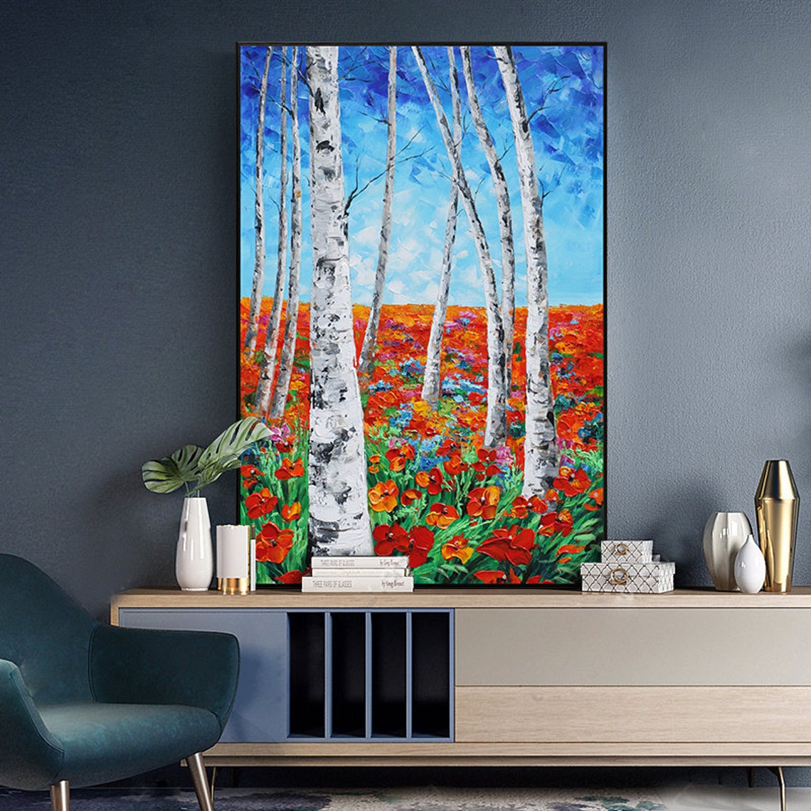 White Birch Trees Over Red Poppy Field Under Blue Sky Poster - Image 4