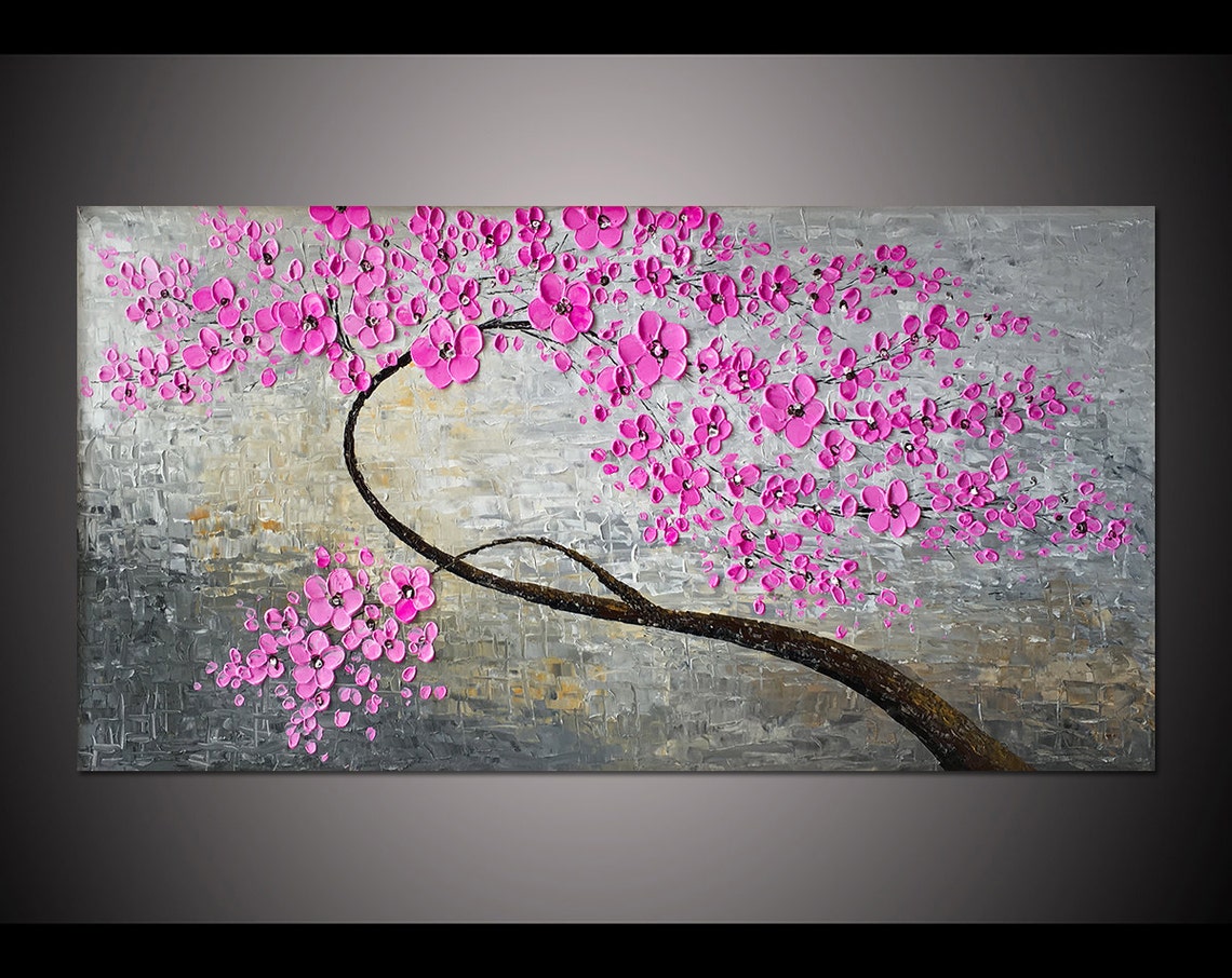 Pink Blossom Branch Sculpted Impasto Painting on Grey Textured Poster