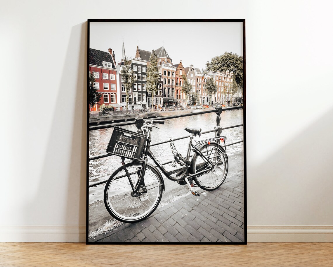 Amsterdam Bicycle Travel Poster, Dutch Canal Scene