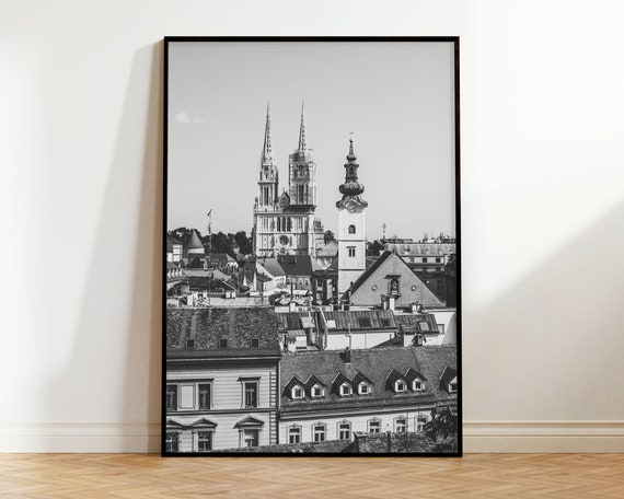 Zagreb Croatia Cathedral Black and White Rooftops City Photo Poster