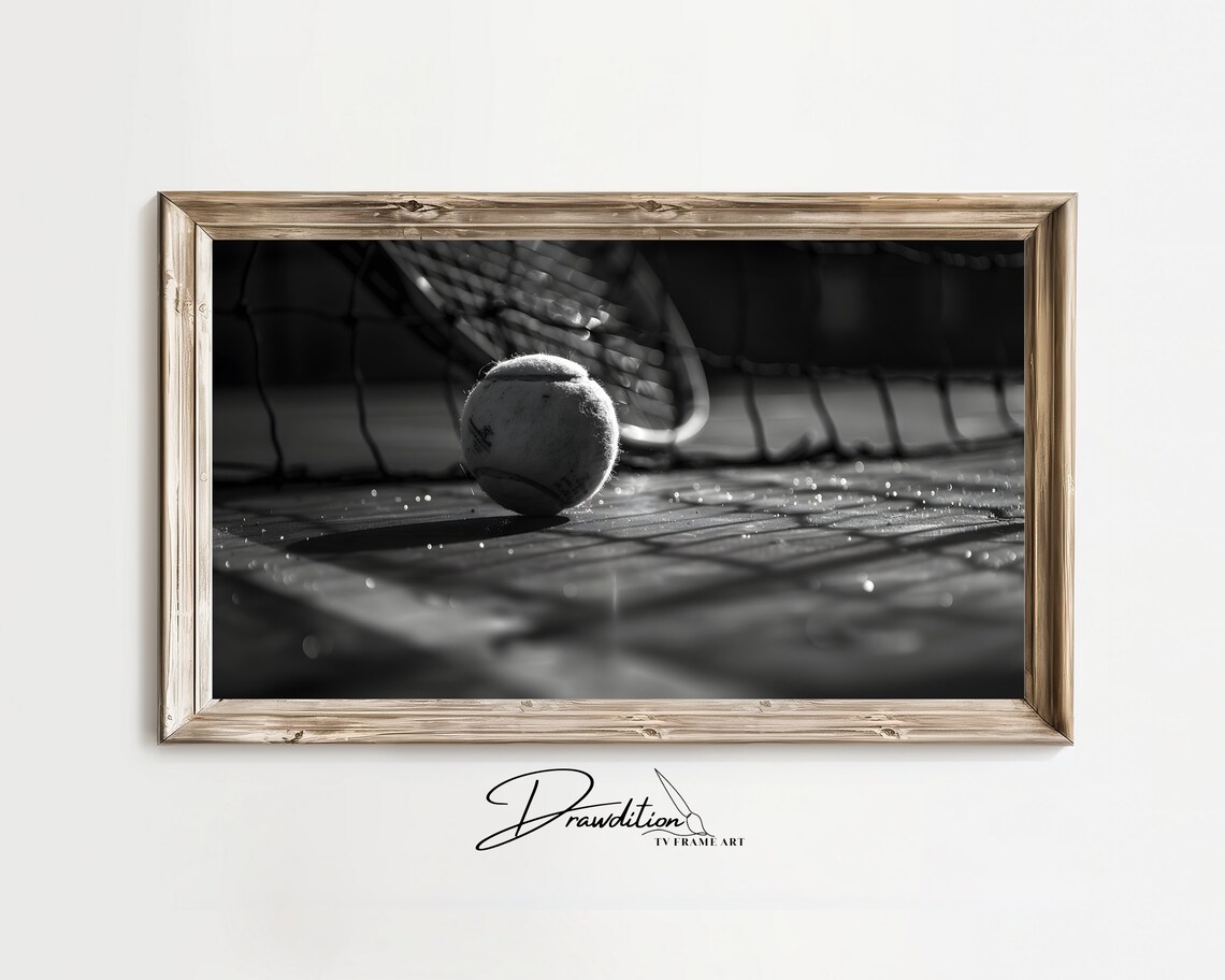 Tennis Ball on Court Black and White Sports Photography Poster