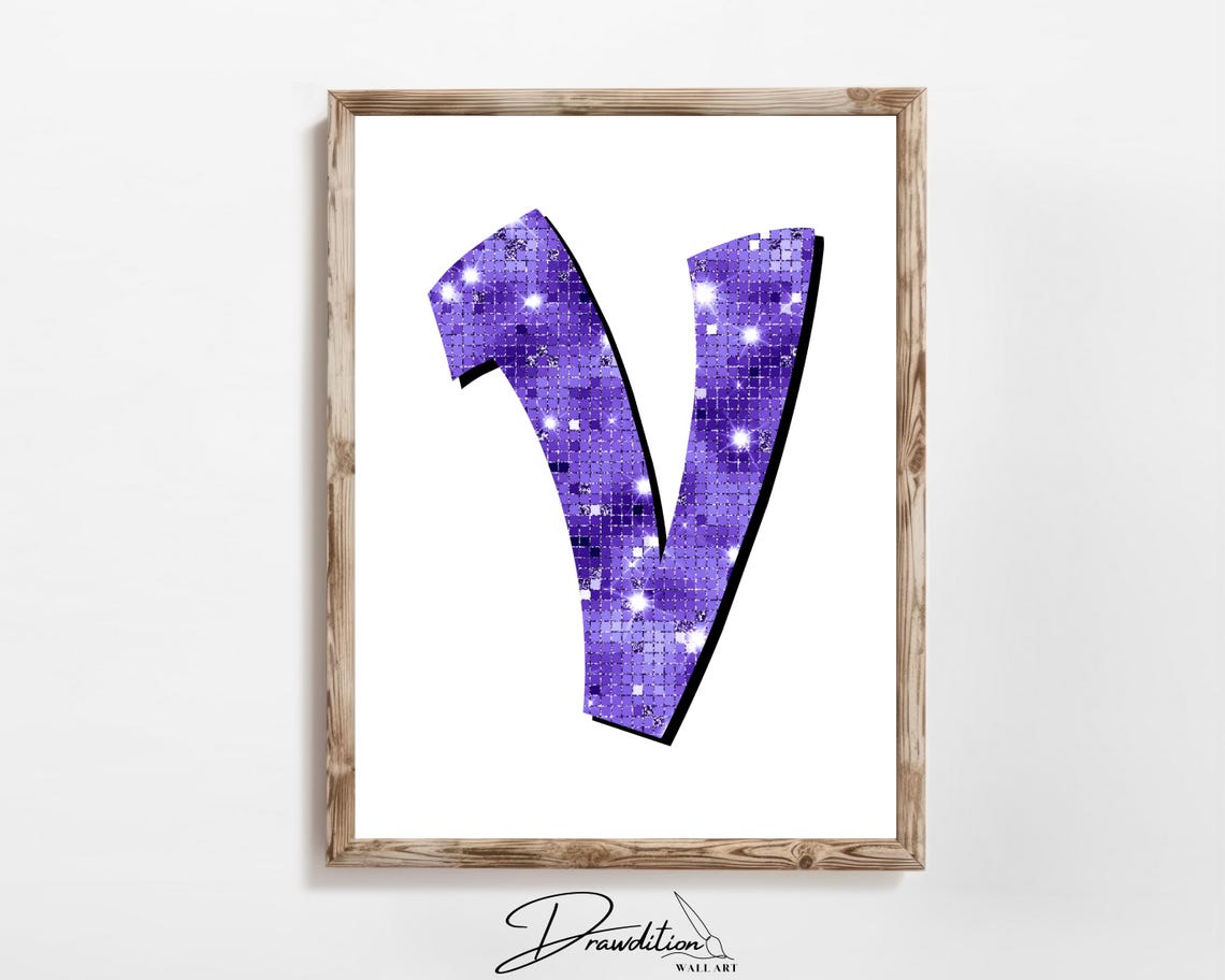 Letter V Purple Disco Sequin Glitter Monogram Sparkly Preppy Print