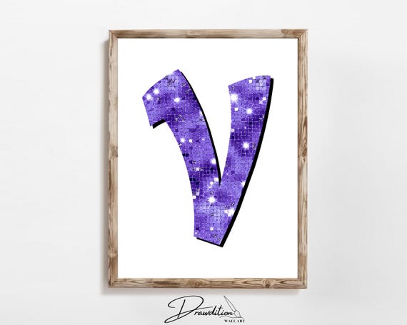 Disco Indigo Letter V Print Purple Trendy Personalized Monogram Wall Art Disco Cowgirl Dorm Decor Preppy Poster Teen Room
