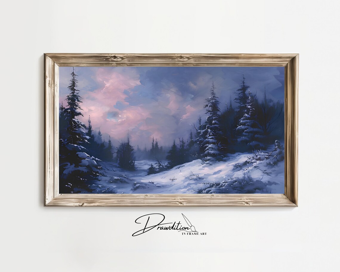 Snowy Pine Forest Winter Dusk Purple Sky Landscape Painting Art Poster