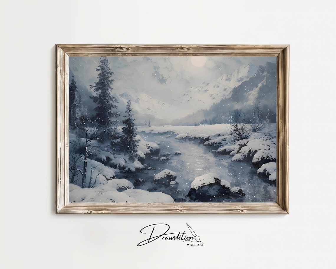 Winter Snowy Mountain River Landscape Watercolor Painting Poster