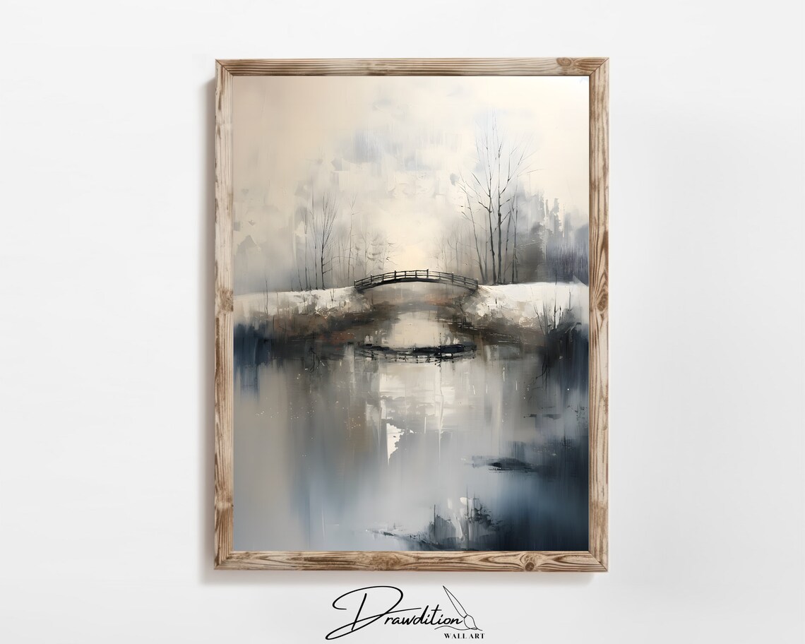 Misty Winter Bridge Watercolor Painting Lake Reflection Poster