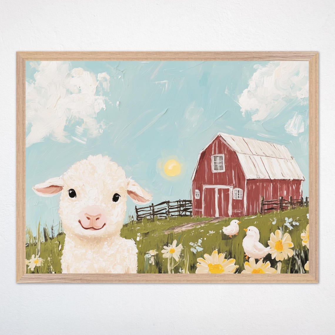 Smiling Lamb and Red Barn with Ducks Whimsical Farm Nursery Poster