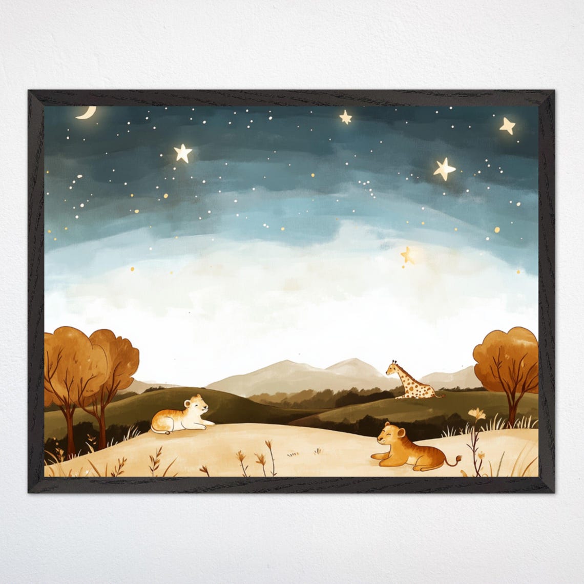 Lion Cubs and Giraffe Under Starry Night Sky Safari Nursery Poster