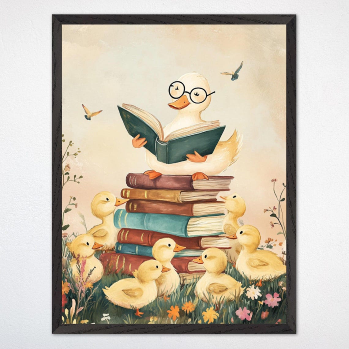 Storytime Duck Reading to Ducklings on a Stack of Books Poster