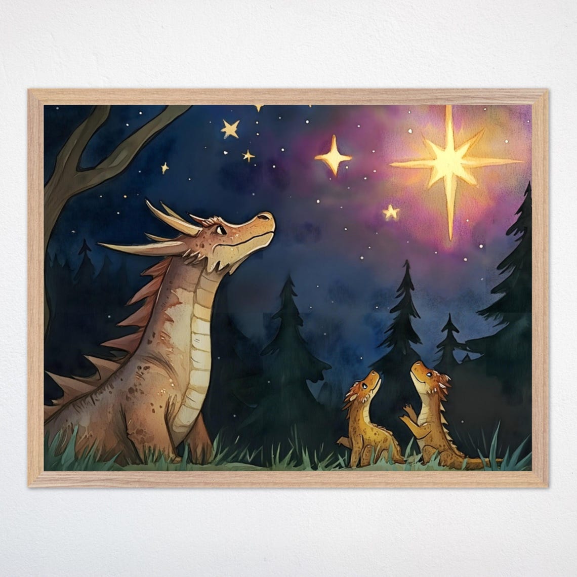 Dragon Family Watching A Brilliant Star In The Night Sky Poster