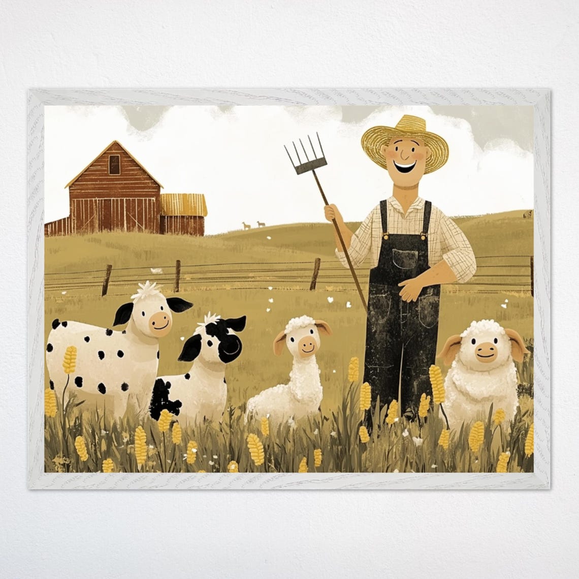 Happy Farmer with Sheep and Cows Rustic Barnyard Nursery Poster