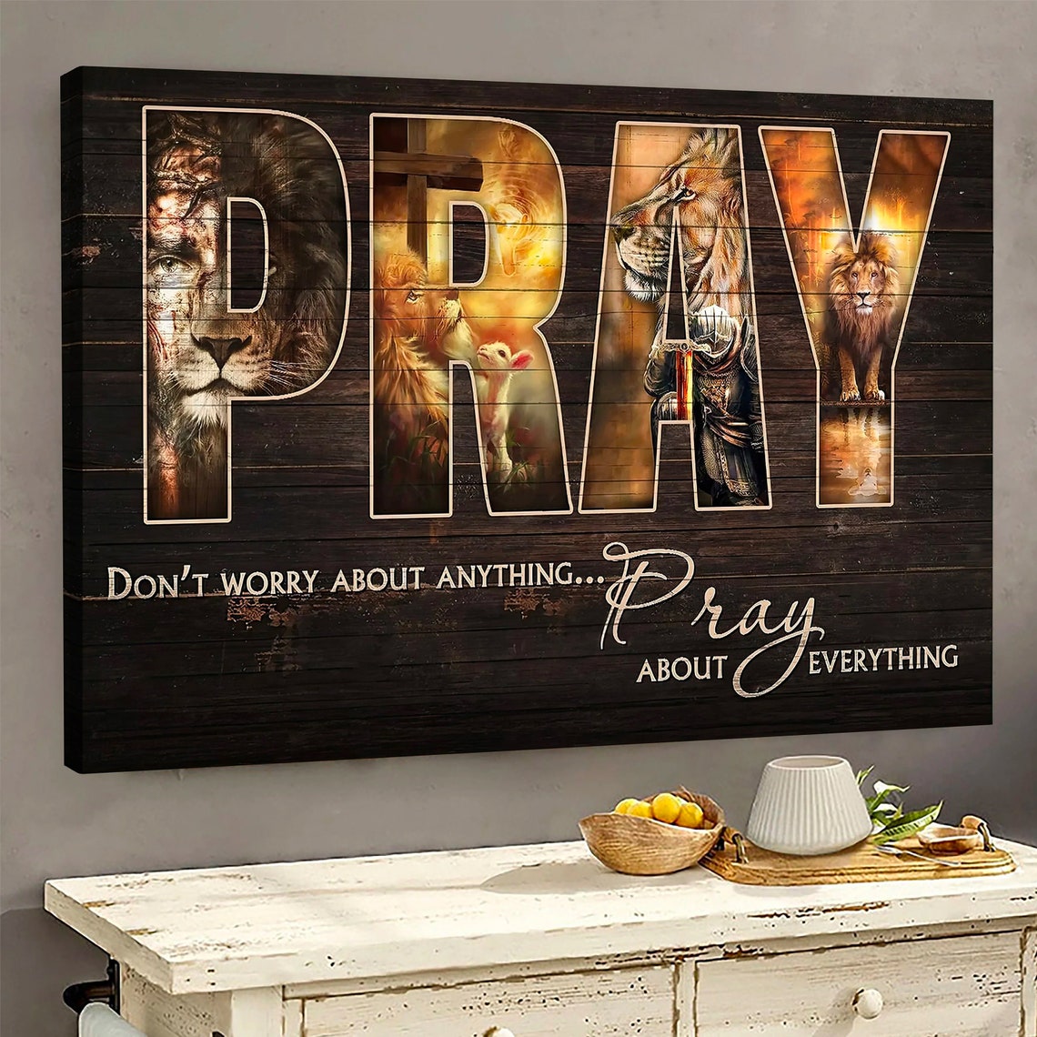 Pray Don't Worry About Anything Lion Cross Christian Canvas Print - Image 4