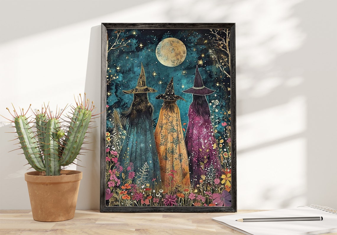 Three Witches in Colorful Maple Forest Autumn Painting Poster - Image 4