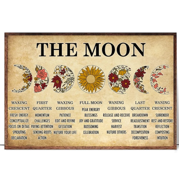 The Moon Floral Phases Intention Keywords Botanical Vintage Poster
