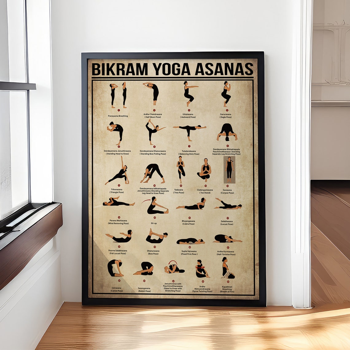 Bikram Yoga Asanas Chart 26 Poses Vintage Practice Guide Poster
