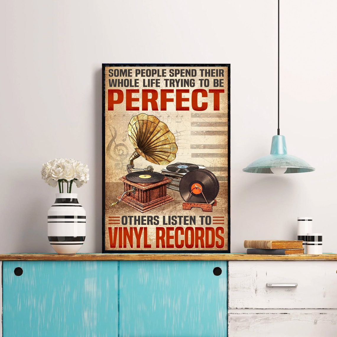 Vintage Gramophone With Vinyl Records Music Lover Quote Poster - Image 3