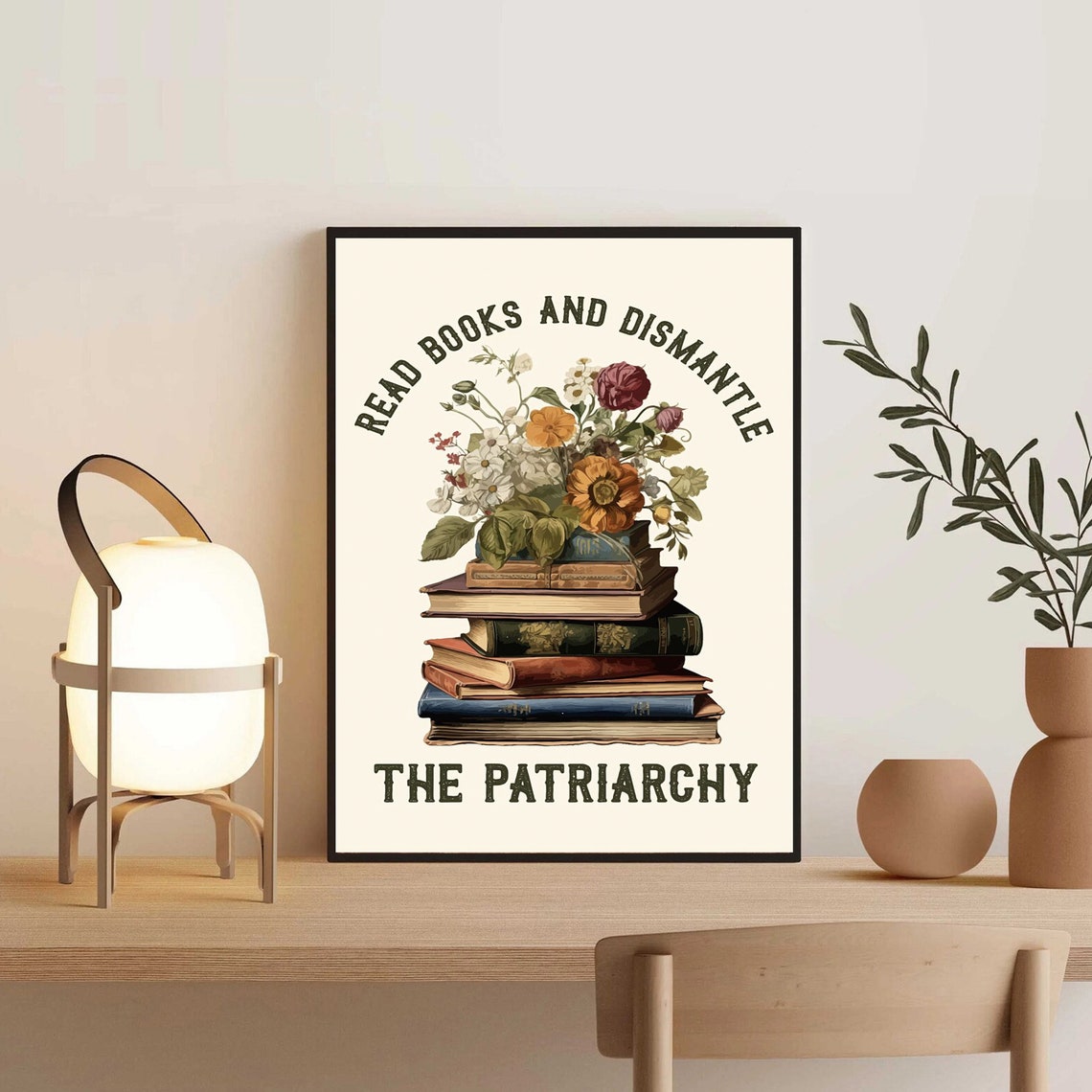 Read Books And Dismantle The Patriarchy Floral Book Stack Poster - Image 2