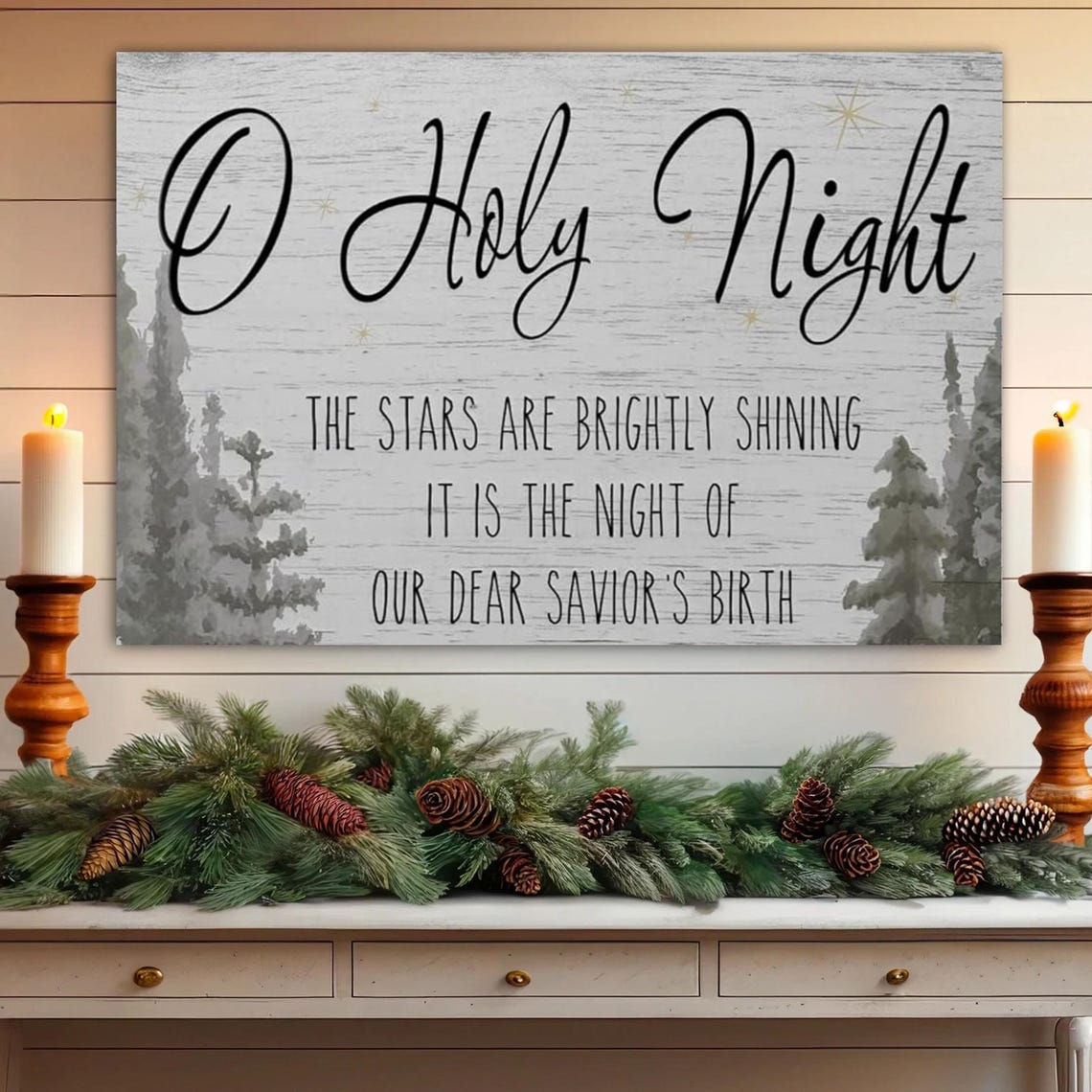 O Holy Night Whitewashed Wood Pine Forest Farmhouse Christmas Poster - Image 4