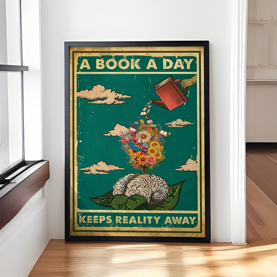 A Book A Day Keeps Reality Away Vintage Brain Book Lover Poster - Image 4