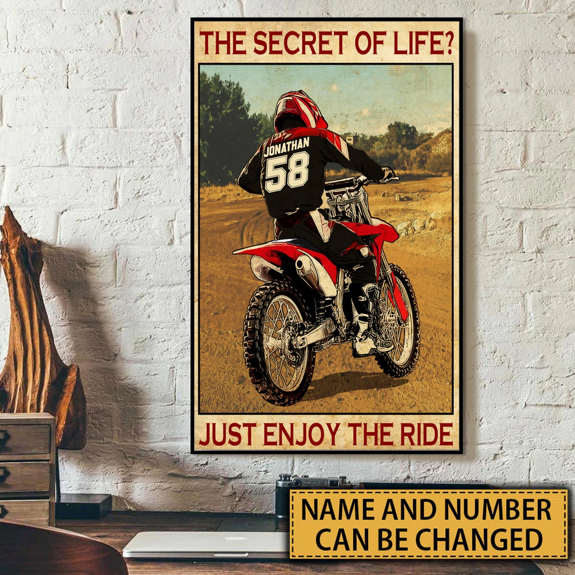 The Secret Of Life Just Enjoy The Ride Motocross Poster With Custom Name Number Appearance Landscape Vintage Style Dirt Bike Gifts - Image 4