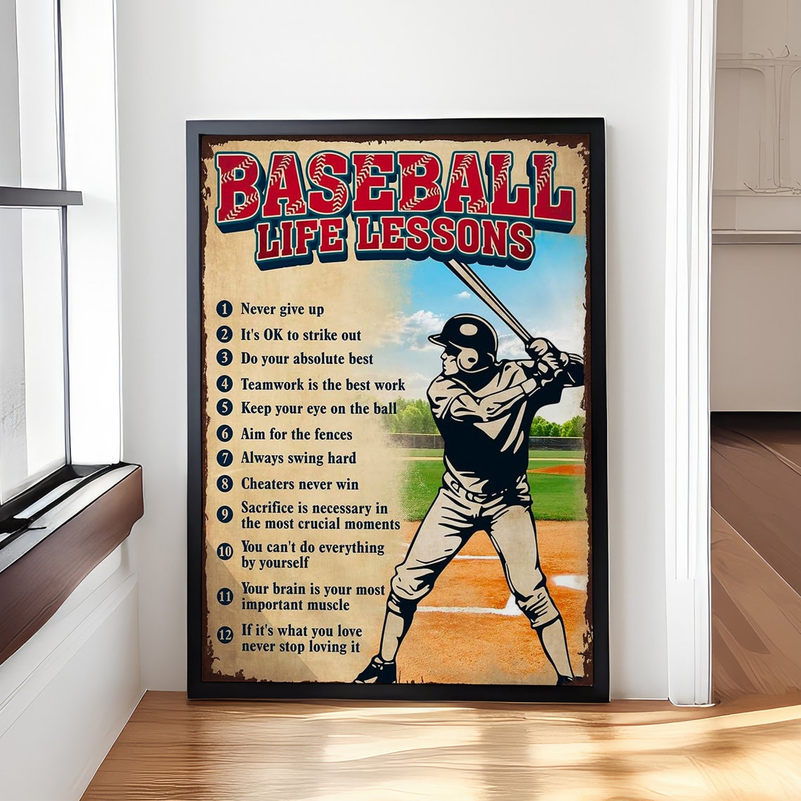 Baseball Life Lessons Vintage Batter Twelve Rules Sports Poster
