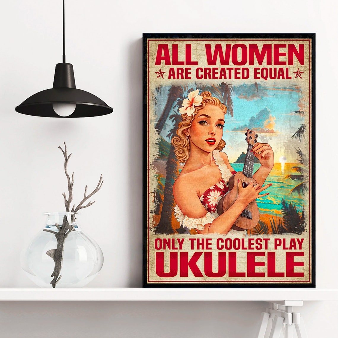 Retro Pin-Up Girl Playing Ukulele On A Tropical Beach Poster - Image 4
