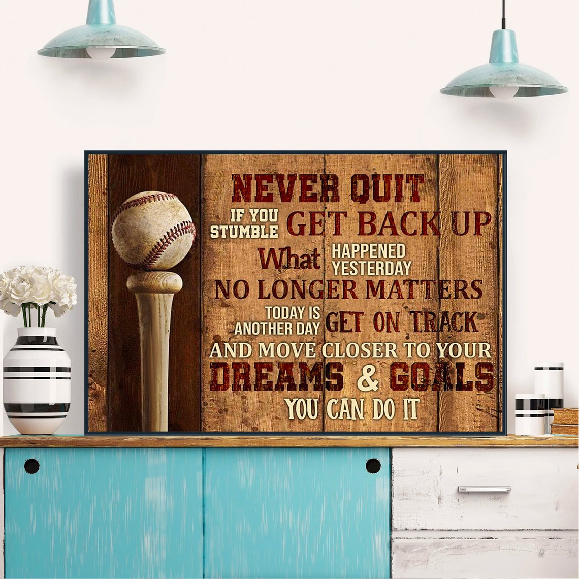 Baseball Never Quit Get Back Up Motivational Wooden Sign Sports Poster - Image 3