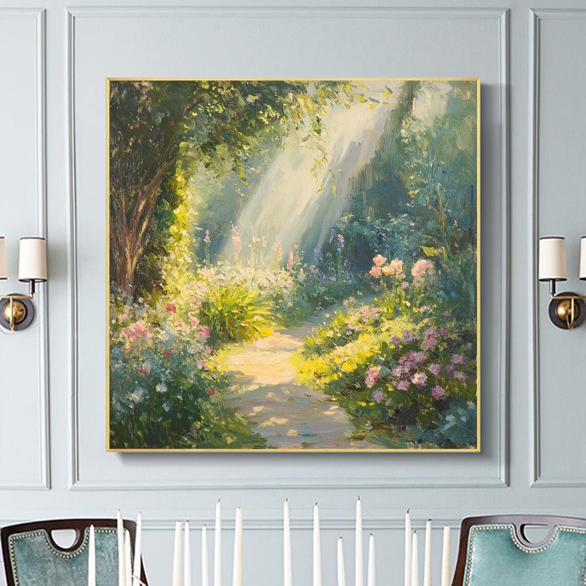 Original Floral Landscape Oil Painting On Large Wall Art Abstract Green Flowers Trees Painting Custom Painting Living Room Decor