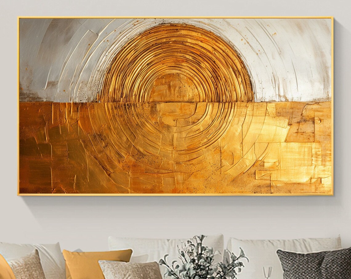 Golden Circle Sun Gray Minimalist Textured Abstract Painting Poster