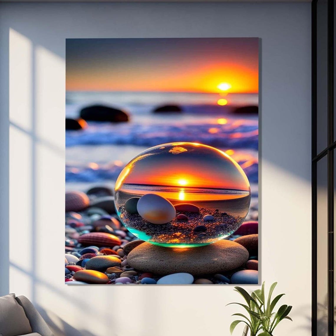 Crystal Ball Holding Ocean Sunset On Beach Pebbles Seaside Wall Art