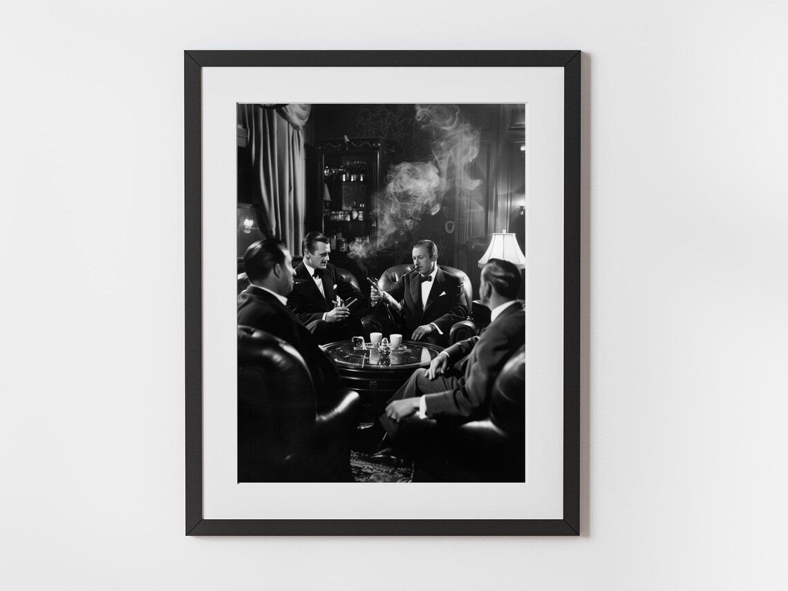 Vintage Black and White Gentlemen Smoking in a Tuxedo Lounge Poster