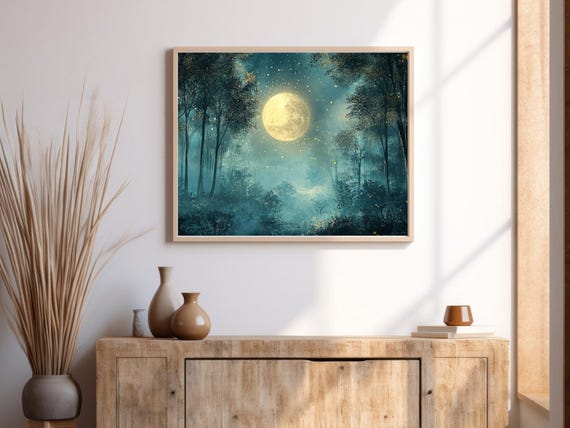 Full Moon Forest Wall Art Mystical Night Landscape Print Celestial Spiritual Nature Decor