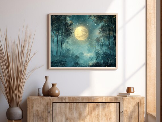 Full Moon Over Misty Teal Forest Celestial Night Landscape Poster