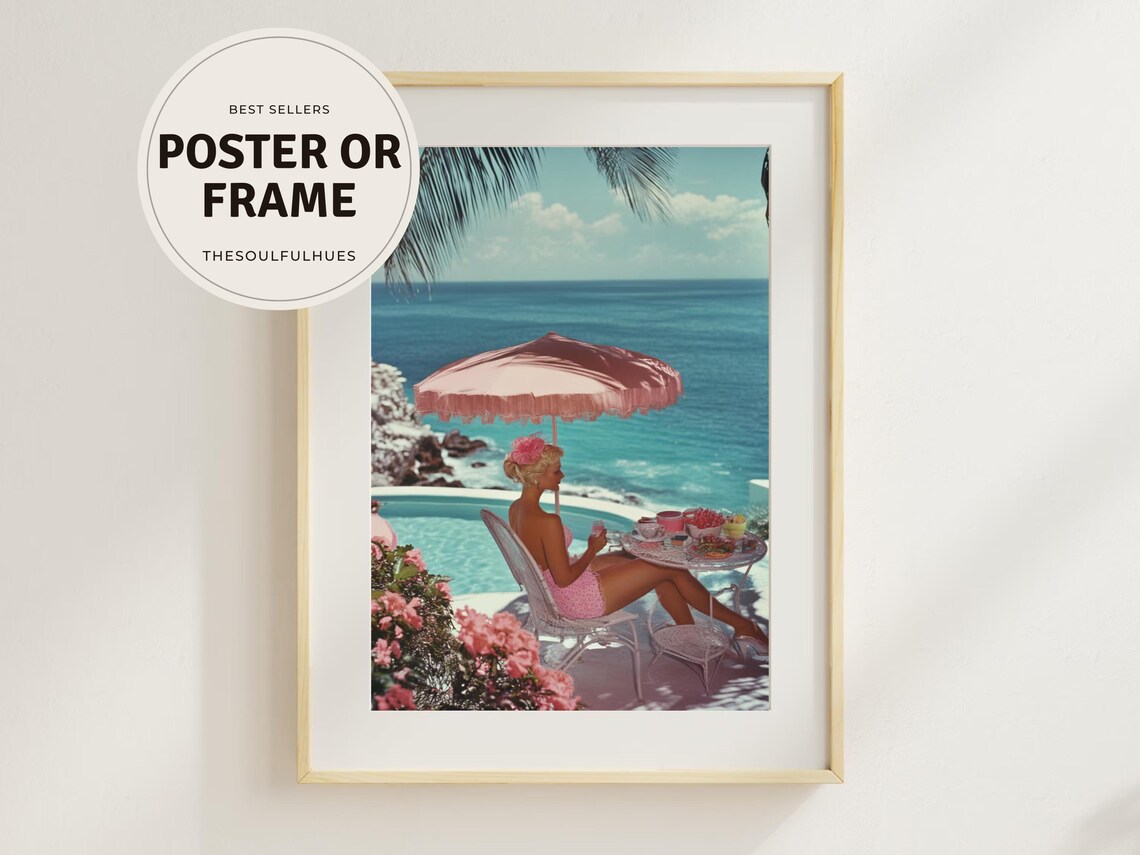 Pink Umbrella Poolside Breakfast Retro Summer Glamour Poster