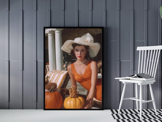 Slim Aarons Inspired Halloween Wall Art Vintage Glamour Pumpkin Decor Retro Autumn Portrait Modern Living Room Or Airbnb