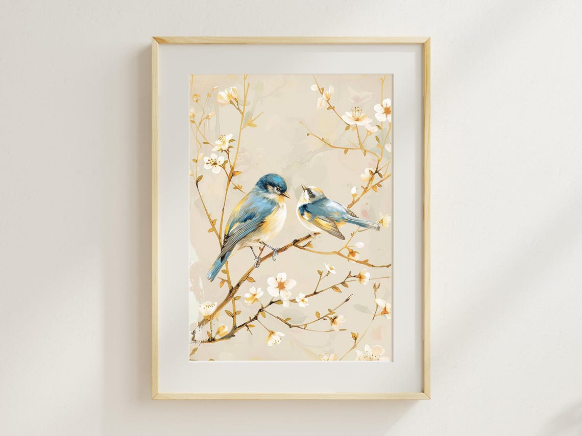 Bluebirds Perched on Blossoming Branches Chinoiserie Botanical Poster
