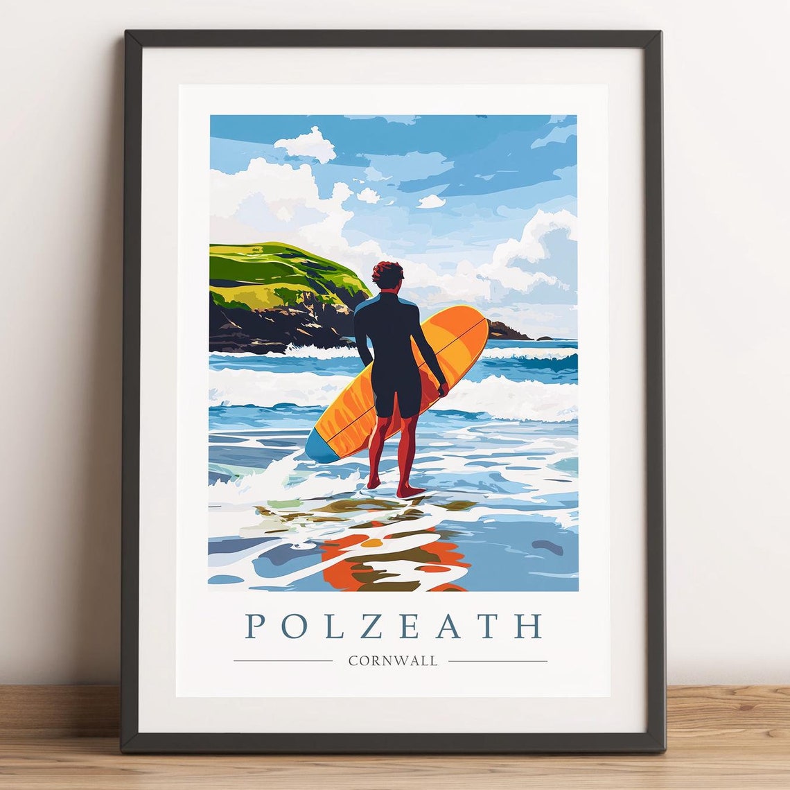 Polzeath Cornwall Surfer Carrying an Orange Board into the Sea Poster