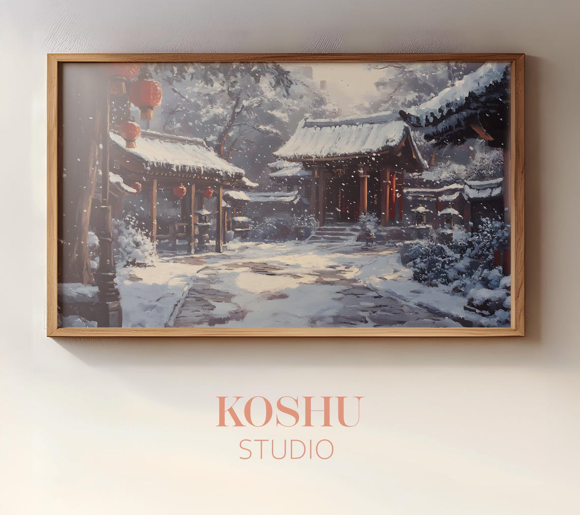 Snowy Temple Courtyard with Red Lanterns Japanese Winter Poster