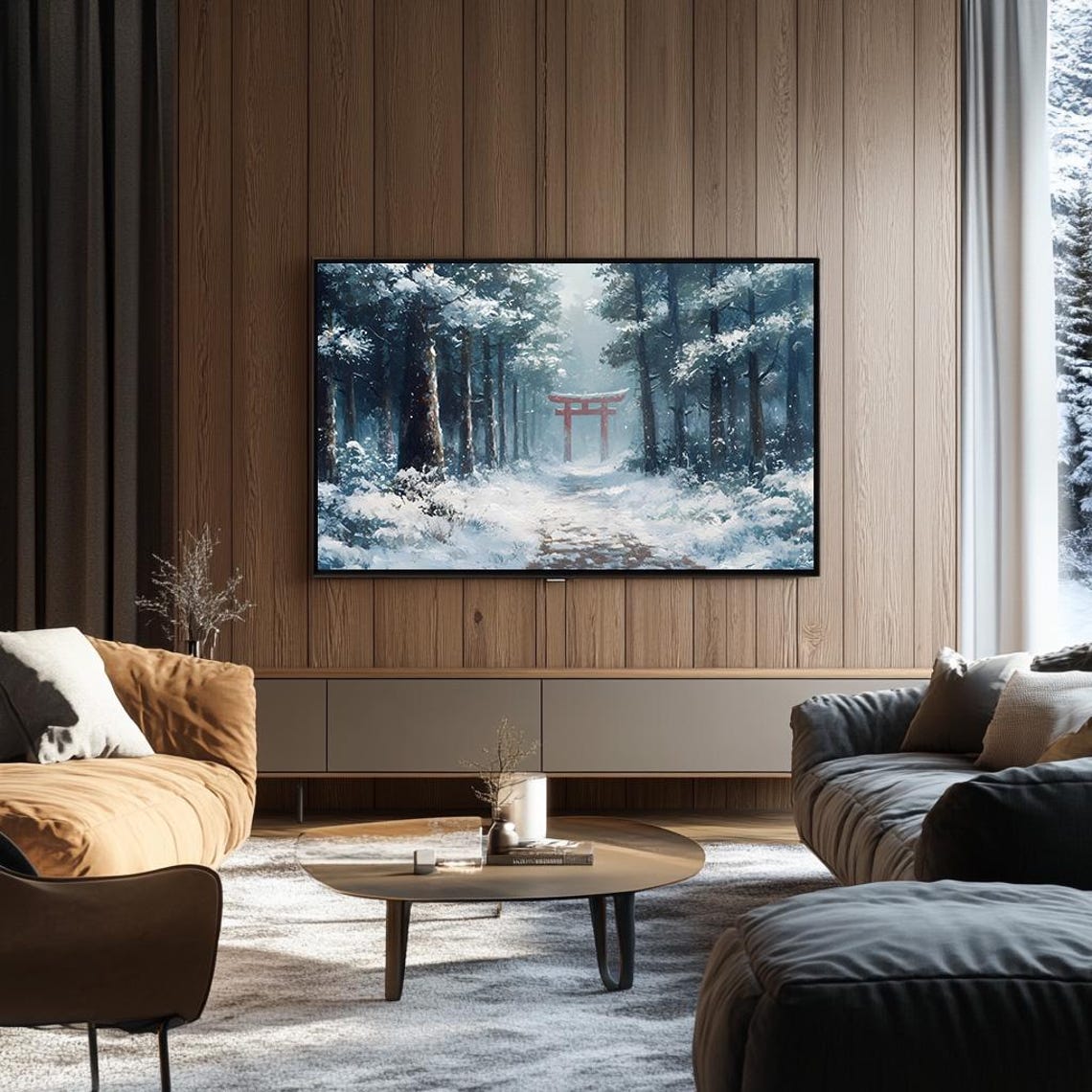 Red Torii Gate on a Snowy Path Through Tall Winter Forest Poster - Image 3